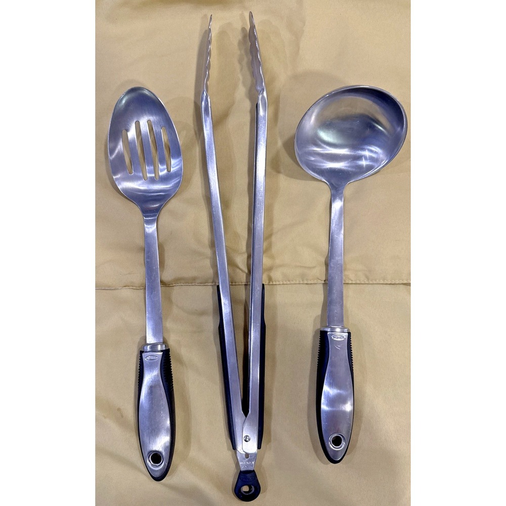 OXO Good Grips 14" Stainless Steel Serving Utensil Set Tongs Spoon Slotted EUC